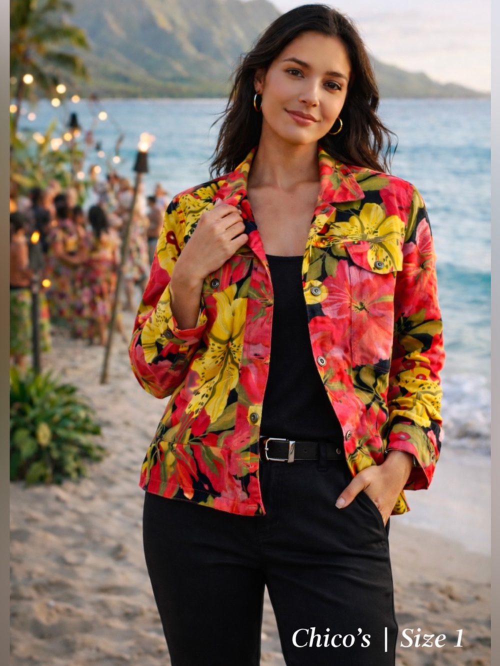 Chico’s Tropical Floral Linen Blend Jacket Size 1 Hawaii Resort Style